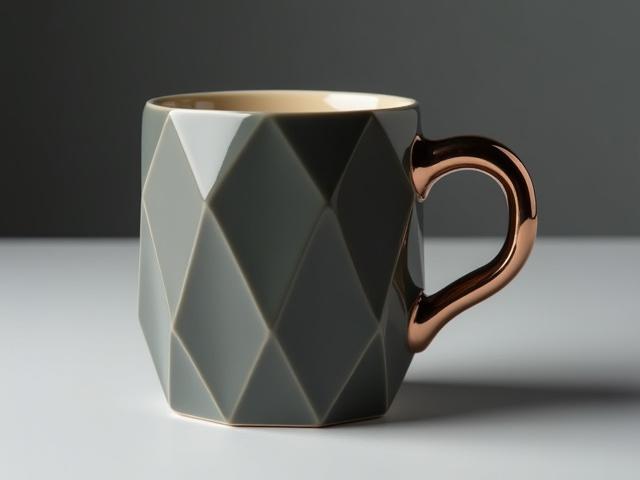Cubist Coffee Mug, an Art Deco inspired ceramic mug with faceted sides and contrasting handle.